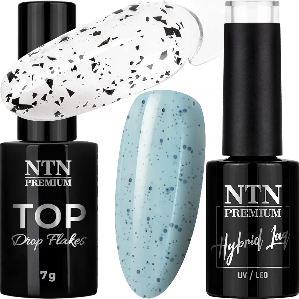 Lakier Hybrydowy NTN 5g Nr198 + Top Flakes NTN 7g Efekt Przepiórczego Jajka