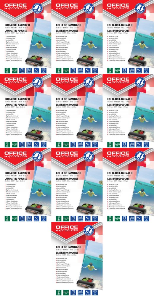 10x Folia do laminowania Office Products, 65x95mm, 2x125 μm, antystatyczna, 100 sztuk