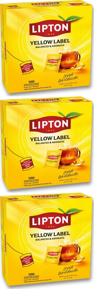 3x Herbata czarna w kopertach Lipton Yellow Label, 100 sztuk x 1.8g