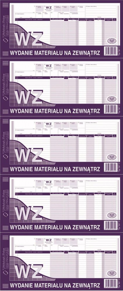 5x Druk akcydensowy WZ Wydanie materiału na zewnątrz MiP 361-2, 1/3 A3, wielokopia, 80k