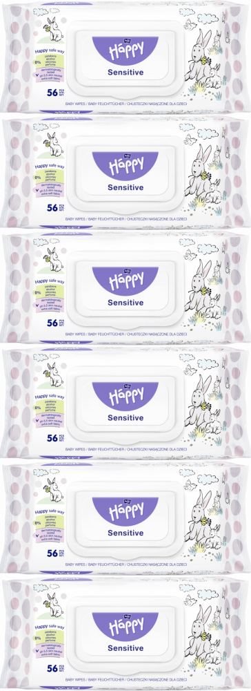 6x Chusteczki nawilżane Bella Happy Sensitive Aloe, 56 sztuk