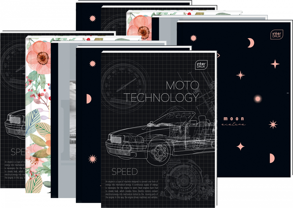 10x Brulion w kratkę Interdruk, A4, twarda oprawa, 96 kartek, mix wzorów okładek