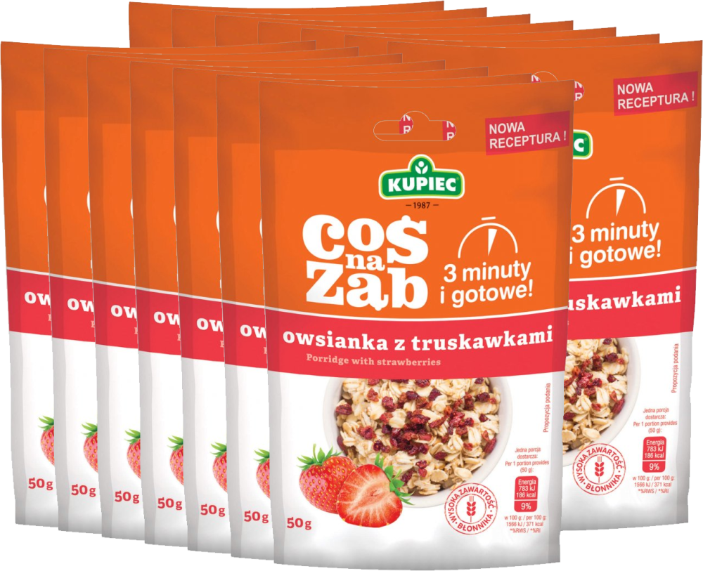 14x Owsianka Kupiec Coś na ząb, z truskawkami, 50g