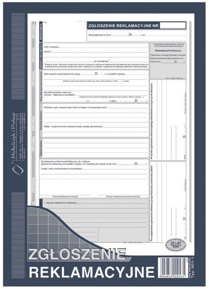 Druk akcydensowy Zgłoszenie reklamacyjne MiP 601-1, A4, 2 kopie, 39k