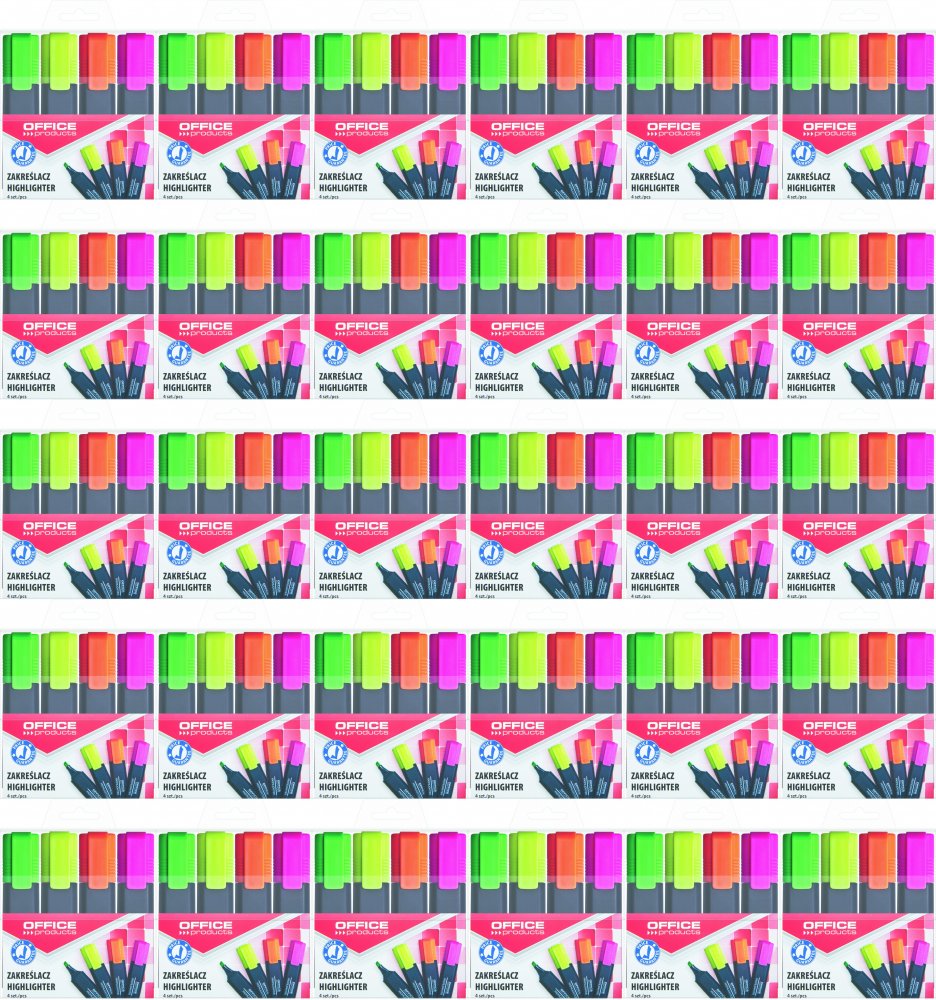 90x Zakreślacz Office Products, ścięta, 4 sztuki, mix kolorów fluorescencyjnych