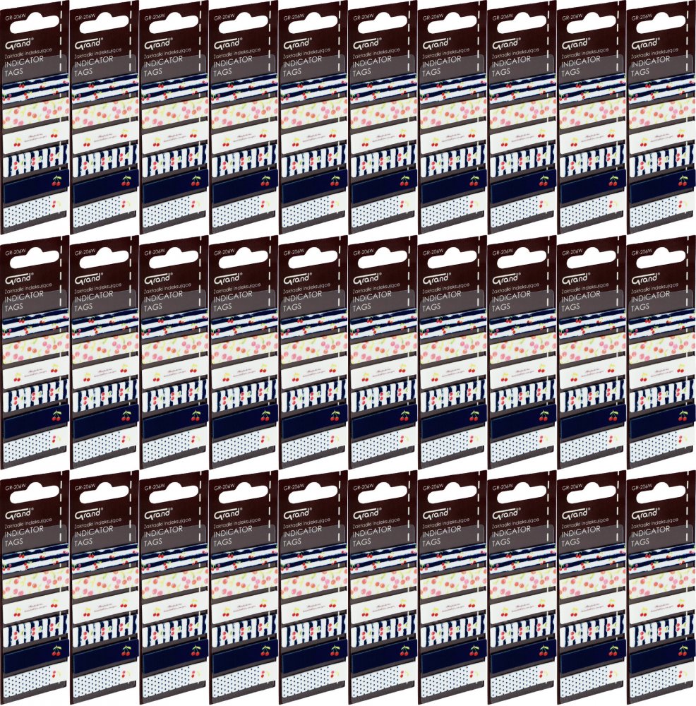 48x Zakładki samoprzylepne Grand GR-206W, proste (z nadrukiem wiśni), indeksujące, folia, 45x12mm, 6x20 sztuk, mix kolorów