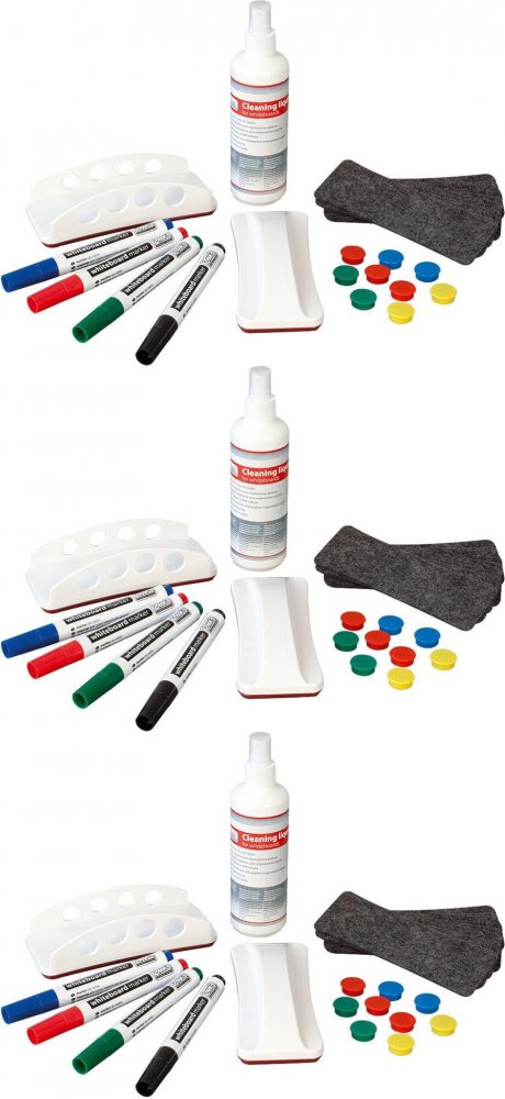 3x Zestaw startowy do tablic 2x3, 4 markery, 10 magnesów, 10 filców, holder magnetyczny, środek czyszczący w sprayu