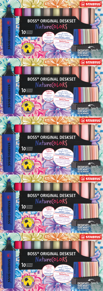 5x Zakreślacz Stabilo Boss Original NatureCOLORS Wildflowers, ścięta, 10 sztuk, podstawka, mix kolorów
