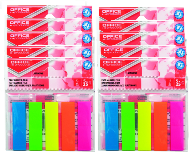 10x zakładki samoprzylepne Office products, proste, indeksujące, folia PP, 12x45mm, 5x25 sztuk, mix kolorów