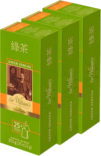 3x Herbata zielona w torebkach Sir William's London Green Sencha, 25 sztuk x 1.5g