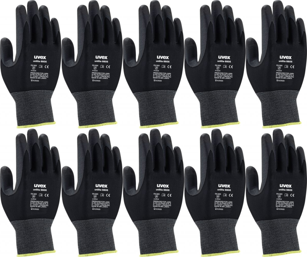 10x Rękawice robocze Uvex Unilite, powlekane, rozmiar 10, czarny