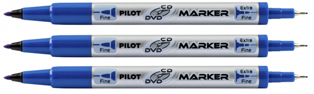 3x Marker dwustronny do płyt CD i DVD Pilot Twin, okrągła, 0.4mm/0.7mm,niebieski