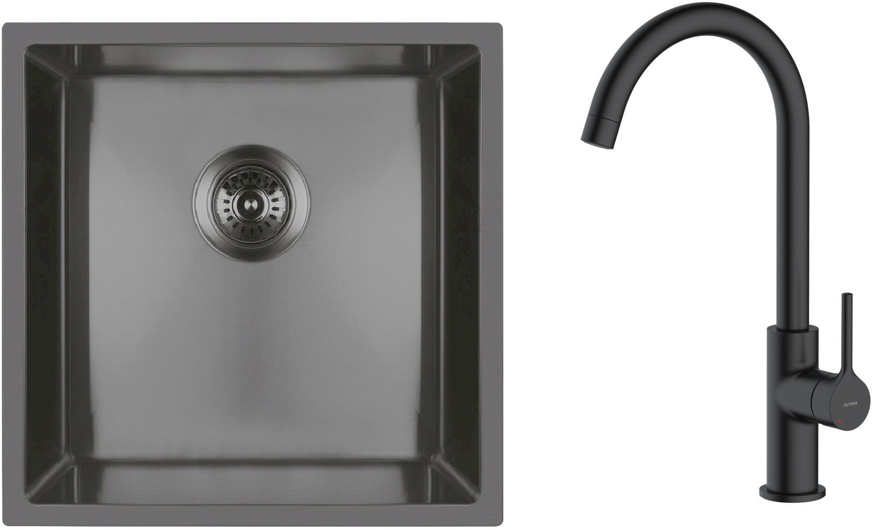 Zestaw Oltens Stalvask zlewozmywak stalowy 44x44 cm z baterią kuchenną Skafta czarny/czarny mat (71100300, 35206300) - Wysyłka w 24h