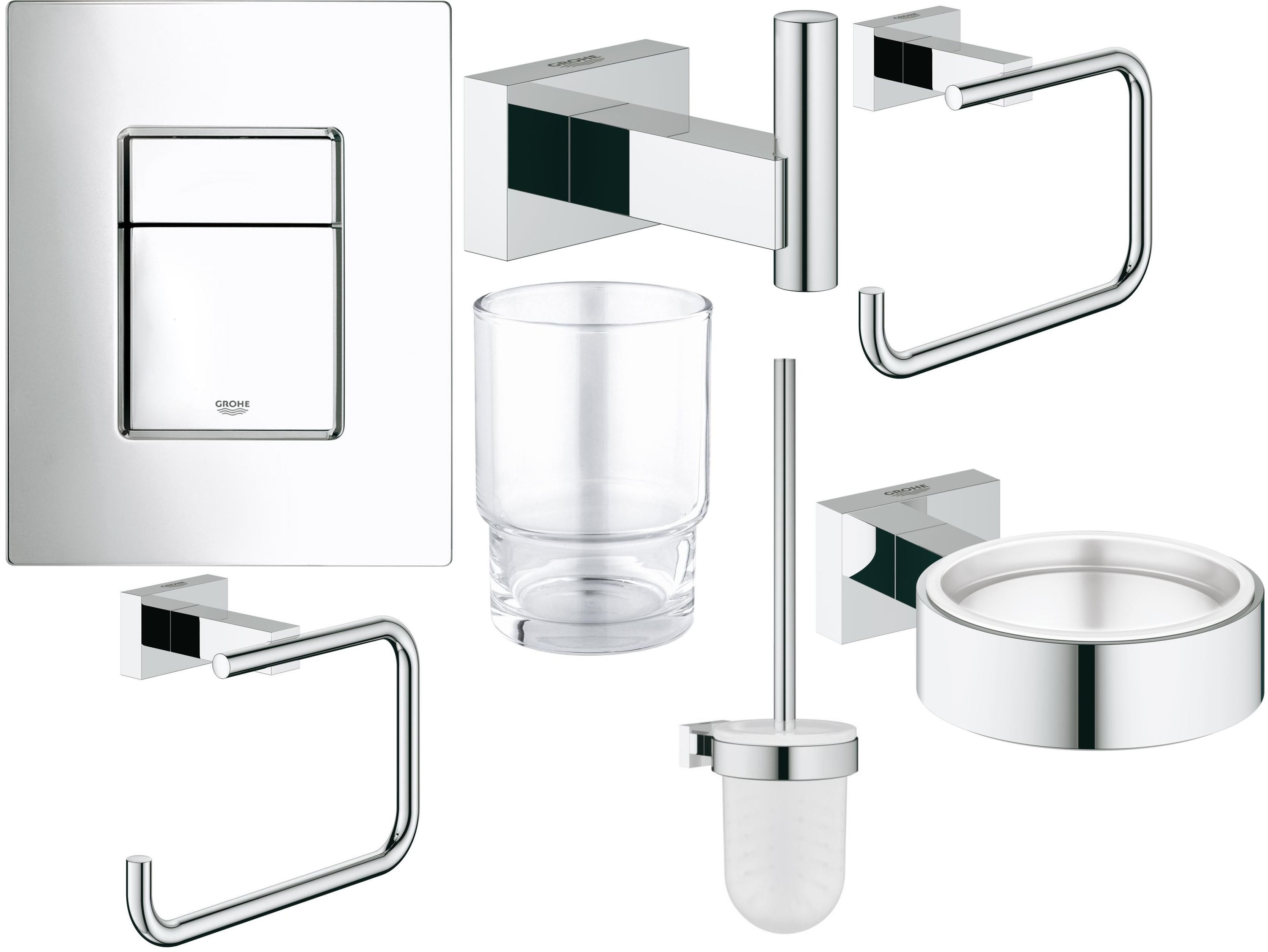 Zestaw Grohe Skate Cosmopolitan przycisk spłukujący z zestawem akcesoriów Essentials Cube chrom (38732000, 40511001, 40507001, 40508001, ...