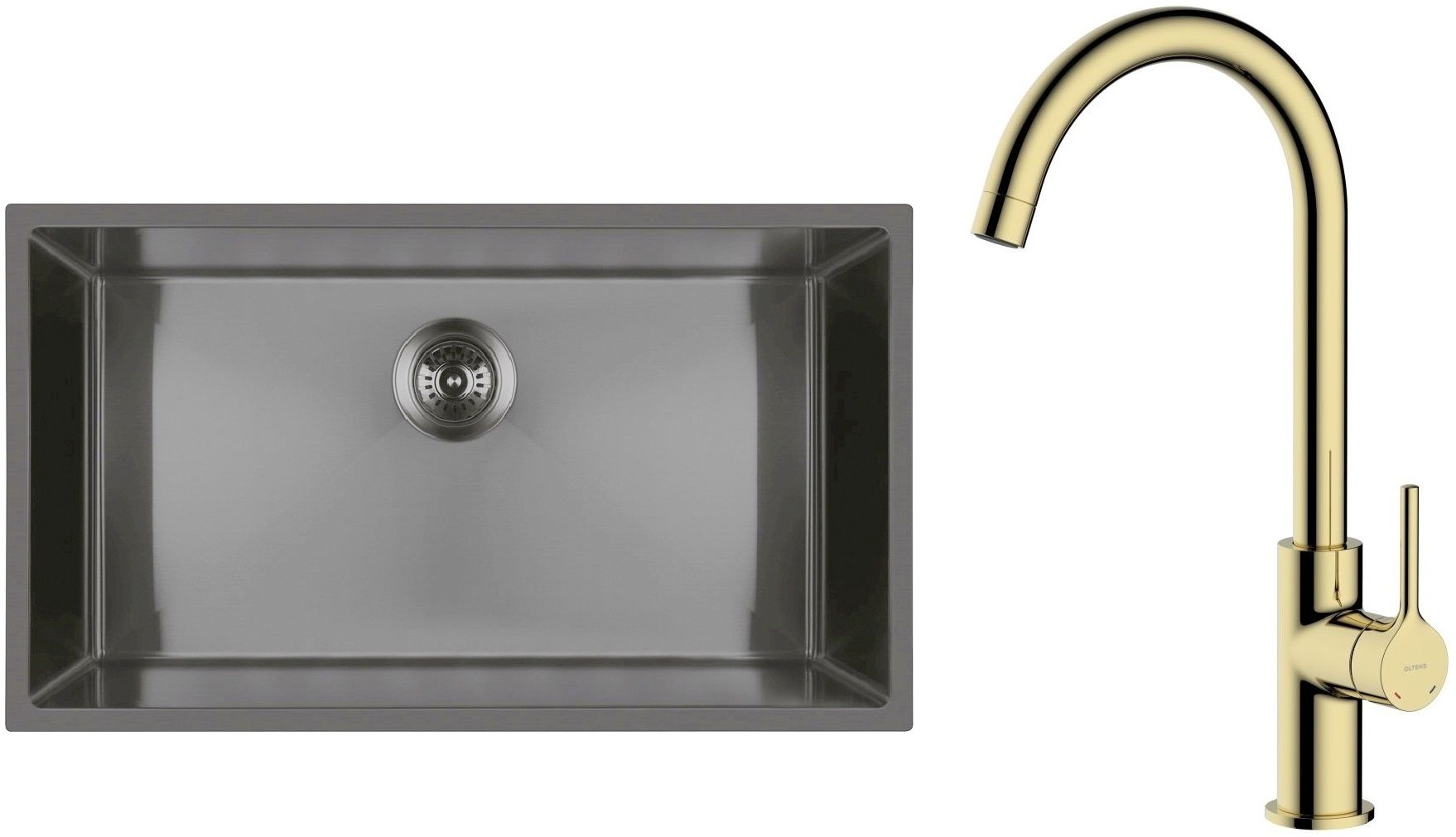 Zestaw Oltens Stalvask zlewozmywak stalowy 76x44 cm z baterią kuchenną Skafta czarny/złoty połysk (71102300, 35206800) - Wysyłka w 24h