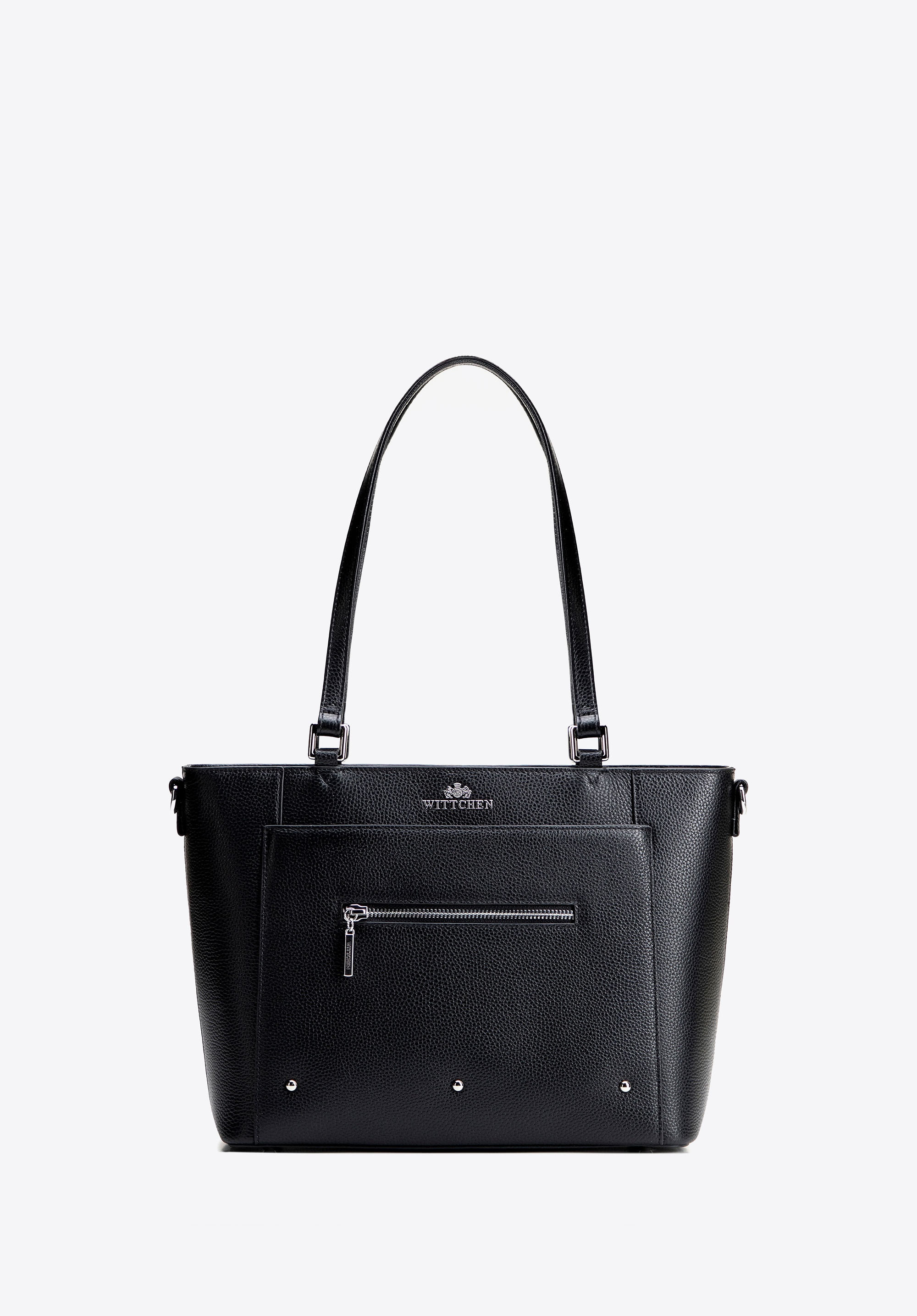 Damska shopperka ze skóry z kieszonkami czarno - srebrna