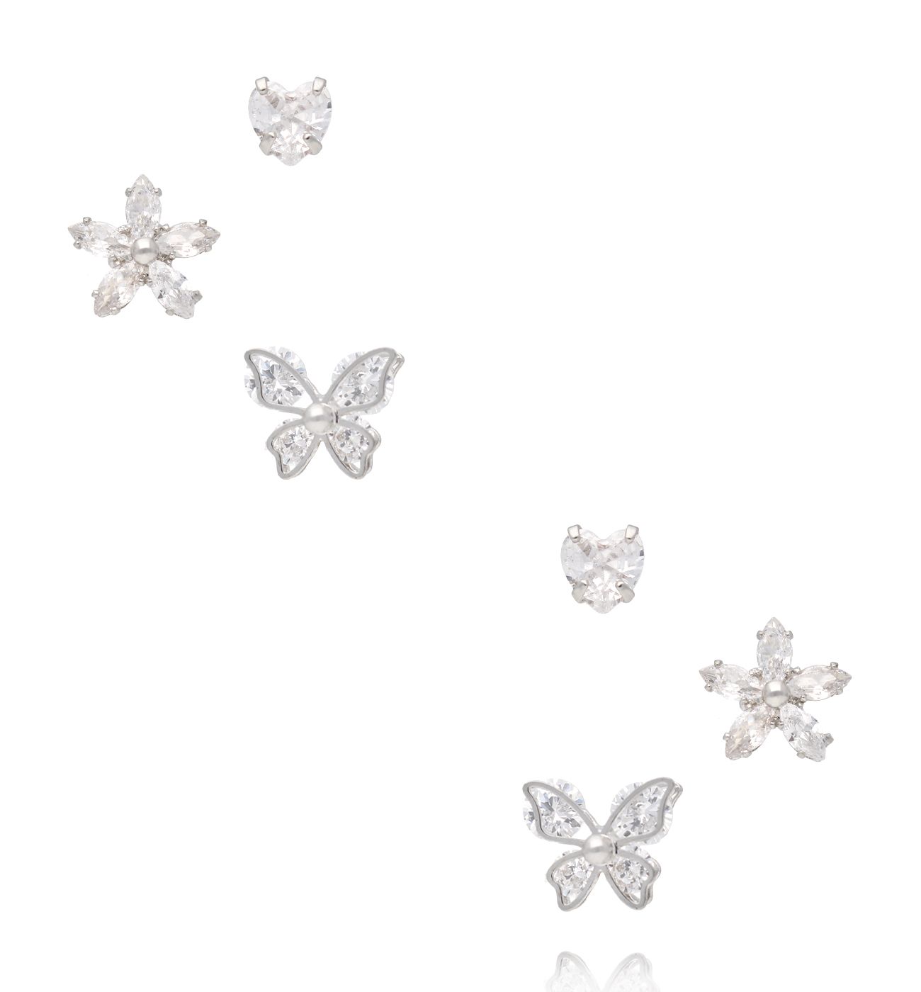 Zestaw srebrnych kolczyków z cyrkoniami – serce, kwiat i motyl KMB0027