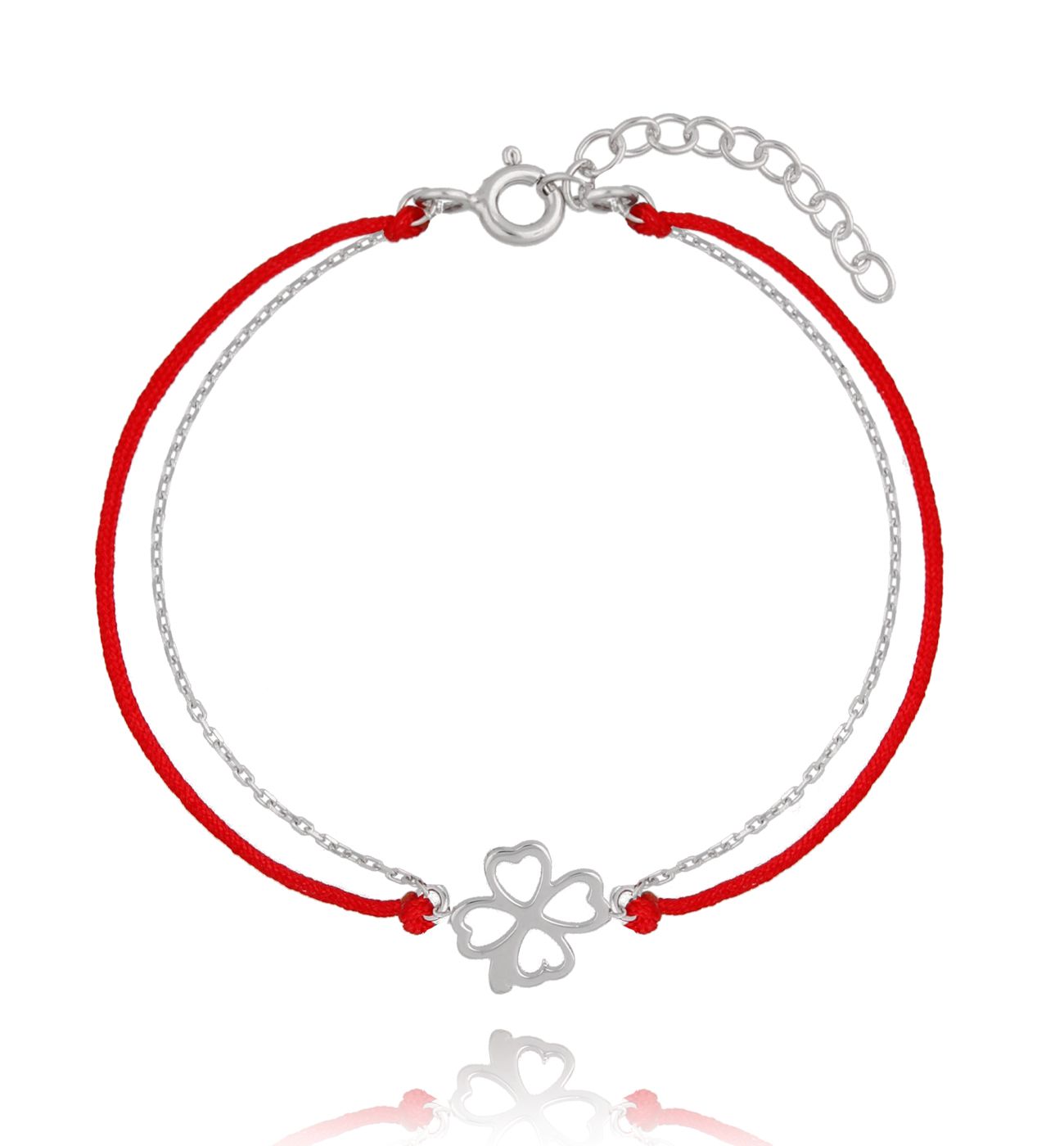 Bransoletka srebrna na czerwonym sznurku - koniczynka BSE0146