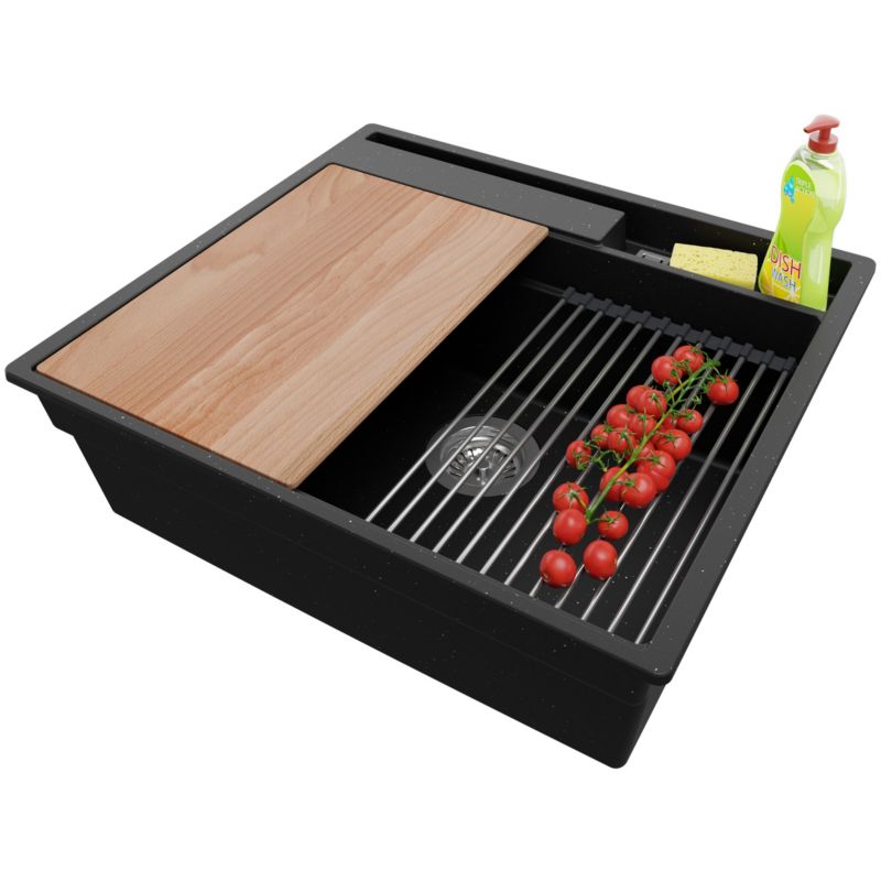 Zlewozmywak Oslo Pocket PRIMAGRAN Nablatowy 58x53cm do szafki od 60cm, Czarny Metalik + Syfon + Akcesoria, S278, 1 szt.