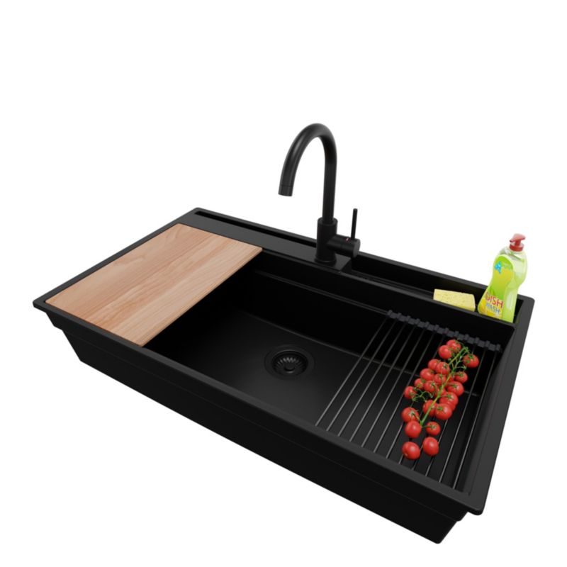 Zlewozmywak Granitowy Oslo Pocket PRIMAGRAN Nablatowy 88x53cm, Cały Czarny + Bateria + Syfon + Akcesorium, S474, 1 szt.