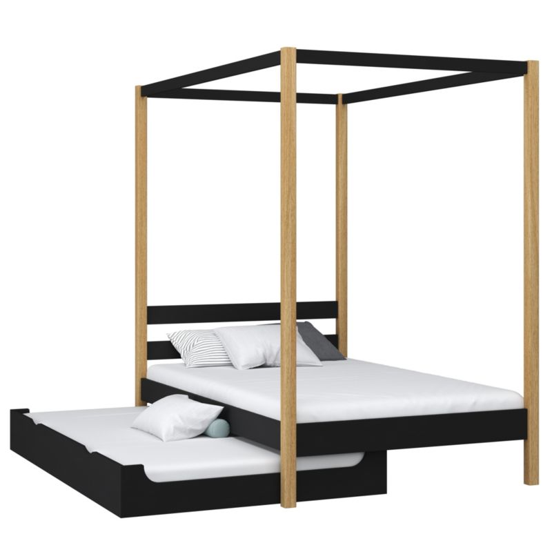 Drewniane łóżko N-WOOD pojedyncze z baldachimem i szufladą na dodatkowy materac N01 czarno dębowy 90x190 1szt.