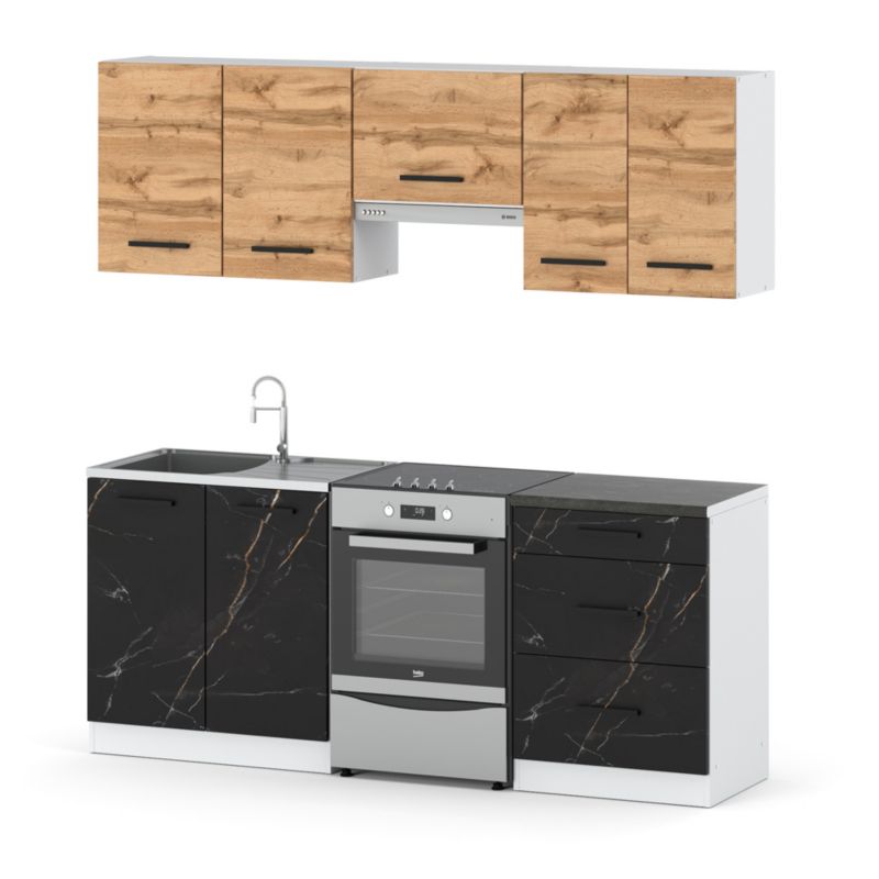 Zestaw Kuchenny Hurtownia-Mebli Z Blatem Kuchnia Mini Mokka Plus 200cm Biały Mat Dąb Wotan/San Sebastian 200x47x145 cm 1szt.