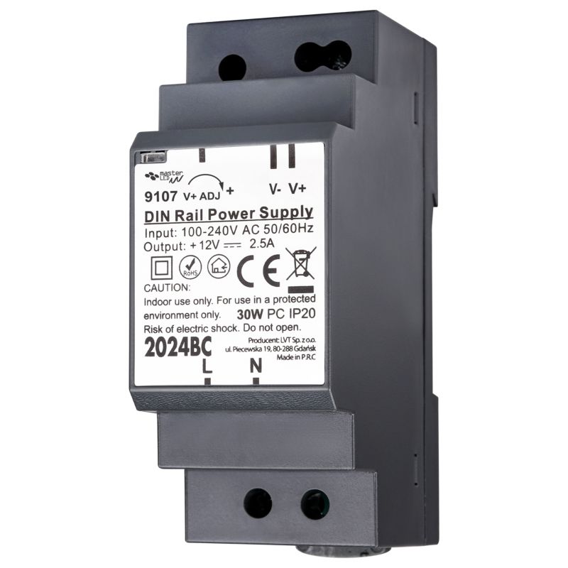 Zasilacz LED MasterLED na szynę DIN 12V 30W 2.5A IP20 34.5x58.5x92.5 mm 1 szt.