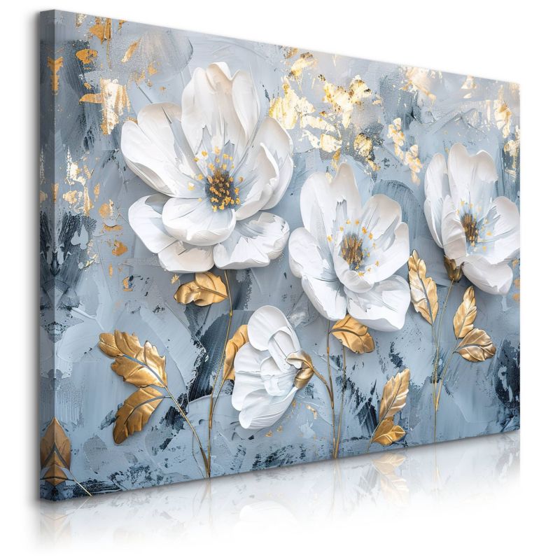 Obraz Muralo Do Sypialni Białe Kwiaty Złote Liście Akwarele Abstrakcja 100x70 cm 1 szt.