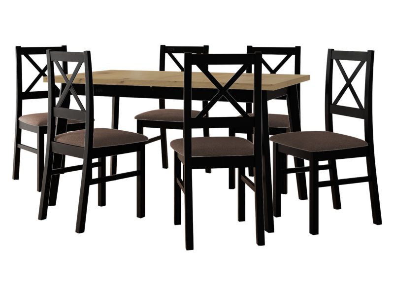 Zestaw DR11 MIRJAN 24 Stół rozkładany Oslo V 80x140/180 + 6 krzeseł Nilo 10 dąb artisan + czarny + brązowa tapicerka 1 kpl.
