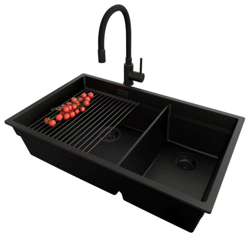 Zlewozmywak Granitowy Praga Slim Duo PRIMAGRAN Nablatowy 76x47cm, Cały Czarny + Bateria + Syfon + Akcesorium, , 1 szt.