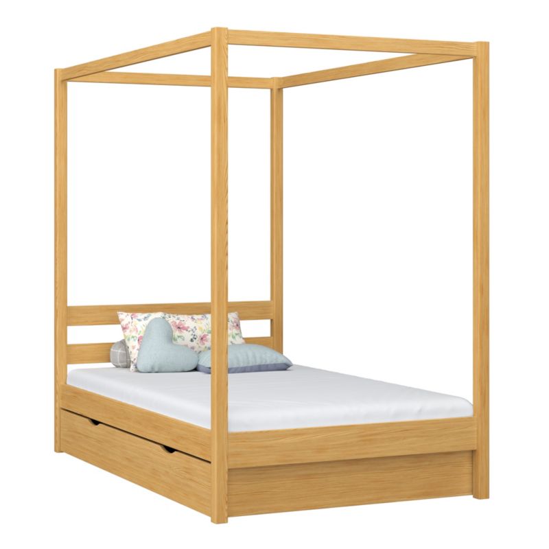 Drewniane łóżko N-WOOD pojedyncze z baldachimem i szufladą N01 sosna naturalna 90x200 1szt.