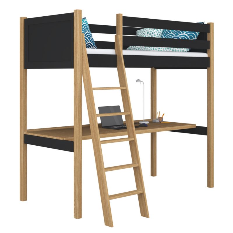 Drewniane łóżko N-WOOD na antresoli z biurkiem N04 czarno dębowy 100x190 1szt.