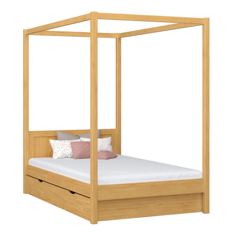 Drewniane łóżko N-WOOD pojedyncze z baldachimem i szufladą N02 sosna naturalna 120x190 1szt.