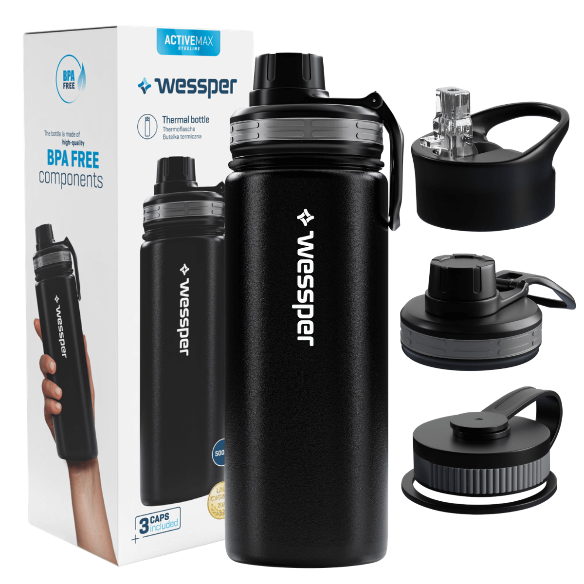 Bidon termiczny na wodę Wessper ActiveMax Steeline 500 ml w kolorze czarnym.