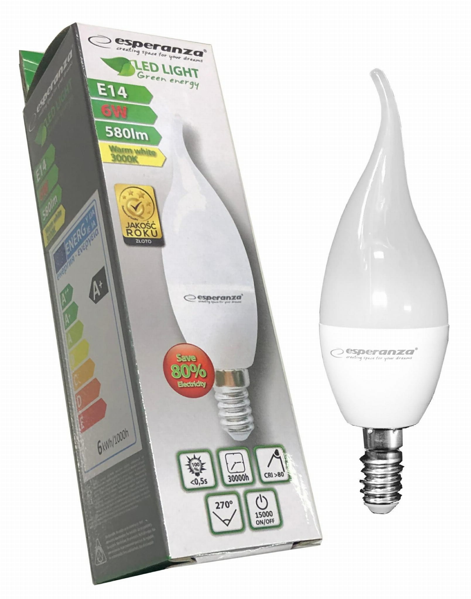 ESPERANZA Żarówka LED E14 6W ELL149 CIEPLY BIAŁY ŚWIECA 580LM 3000K - Henryx24