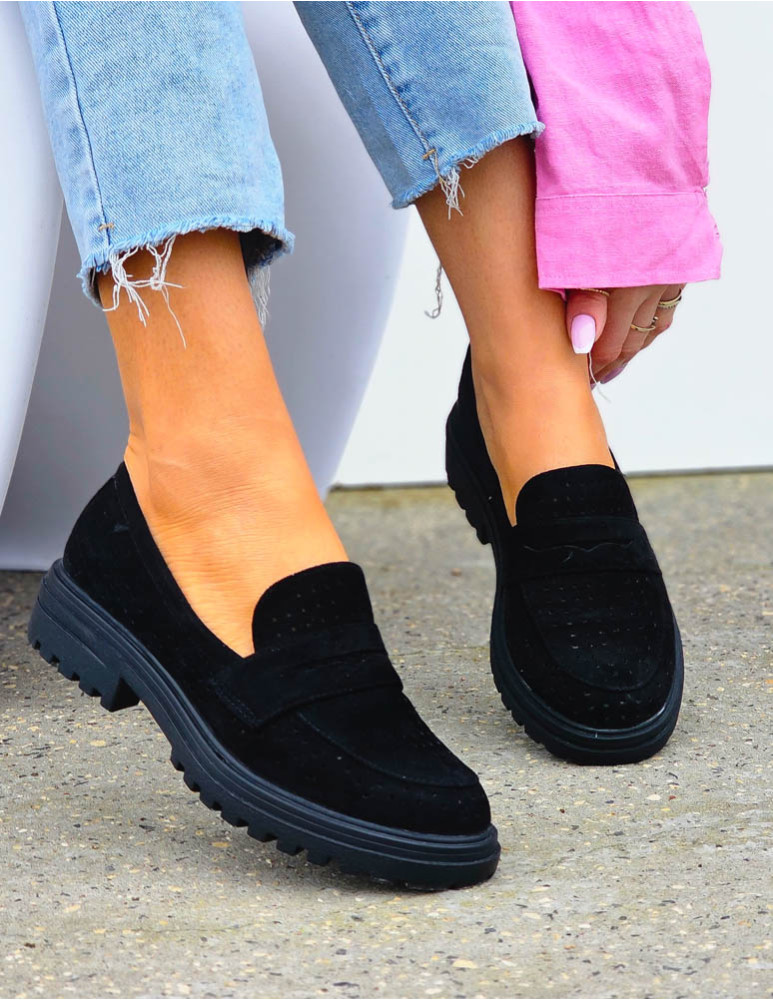 Czarne Ażurowe Zamszowe Mokasyny Heather