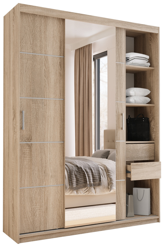 Szafa przesuwna z półkami 150 cm lustro drążki szuflady HOT