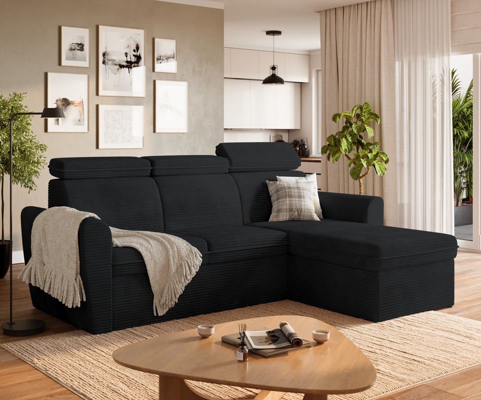 Czarny narożnik z funkcją spania i pojemnikiem EVRON