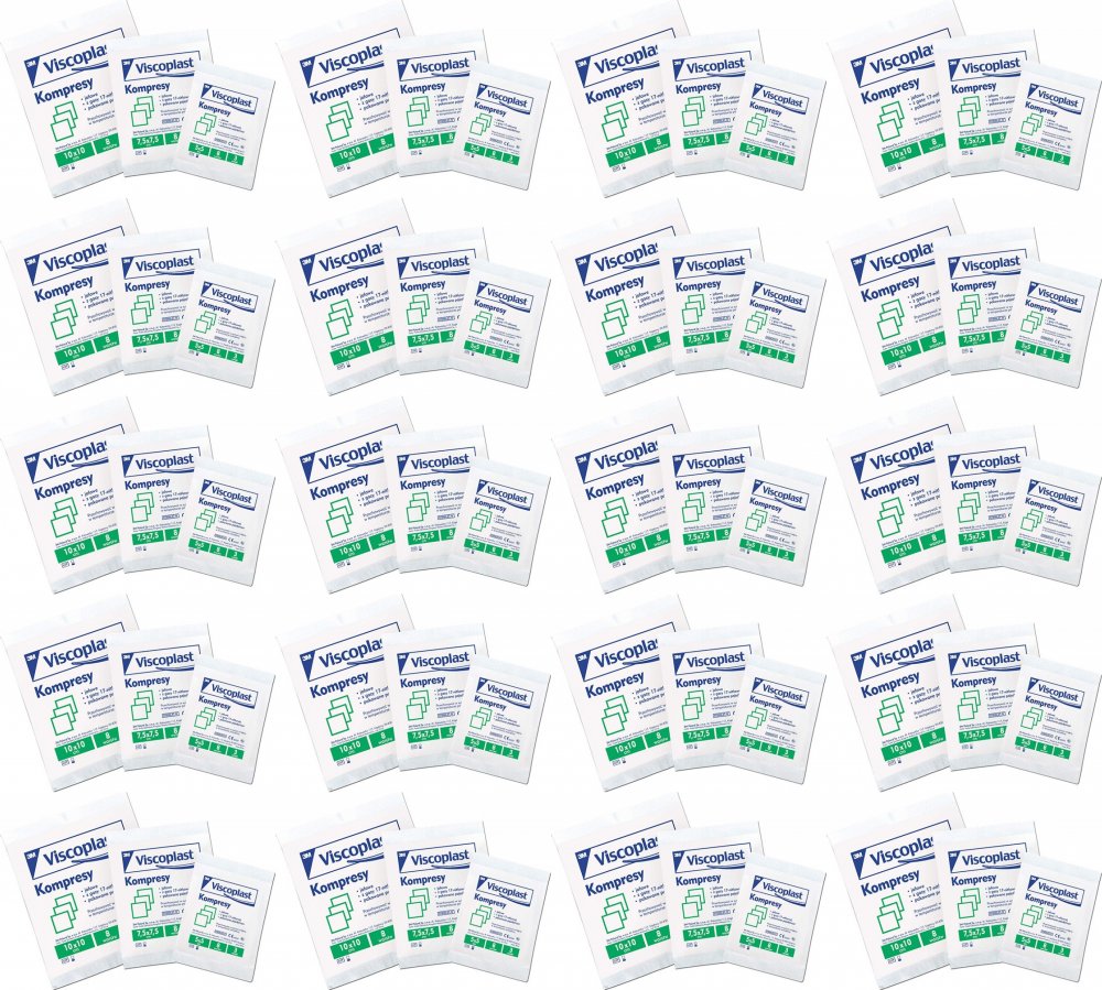 20x Jałowe kompresy gazowe Viscoplast, bawełniane, 17-nitkowe, 8 warstw, 5x5cm, 3 sztuki
