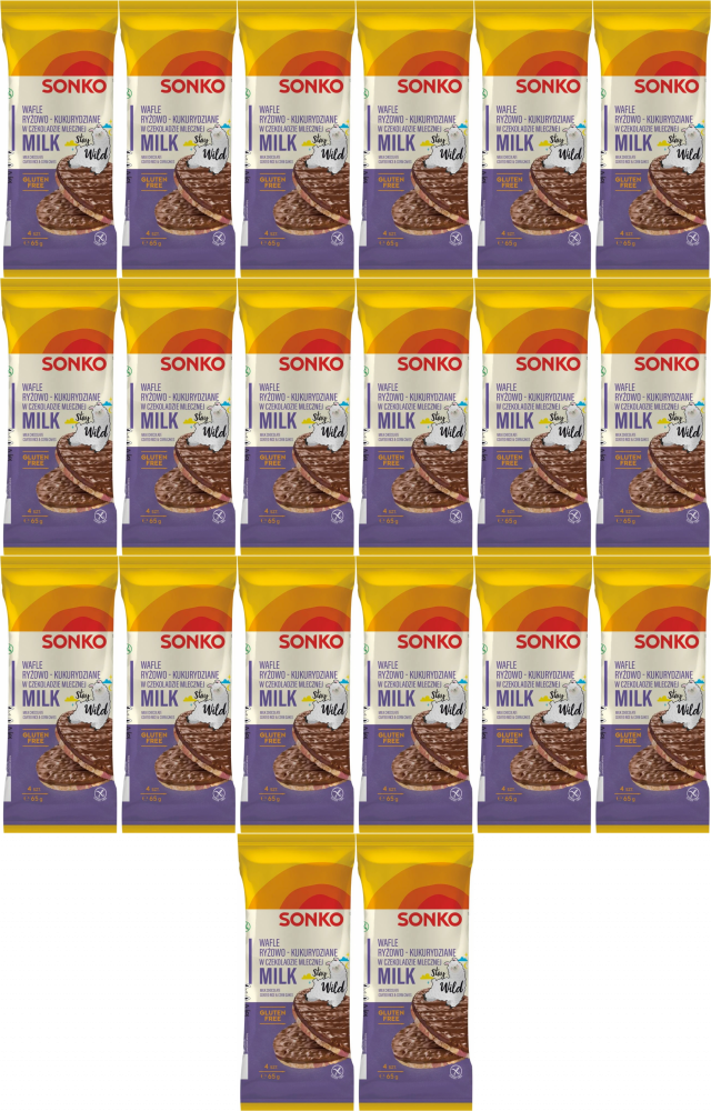 20x Wafle ryżowo-kukurydziane Sonko, w czekoladzie mlecznej, 4 sztuki, 65g