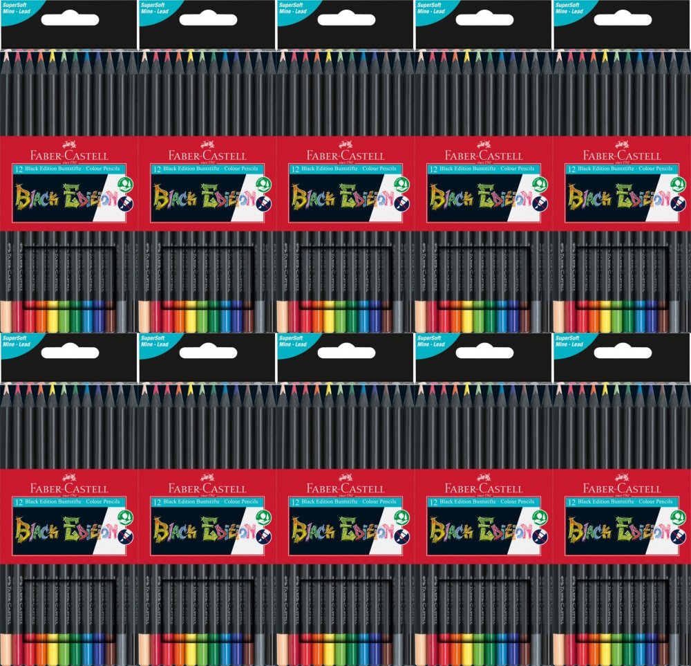 10x Kredki ołówkowe Faber Castell Black Edition, trójkątne, 12 sztuk, mix kolorów