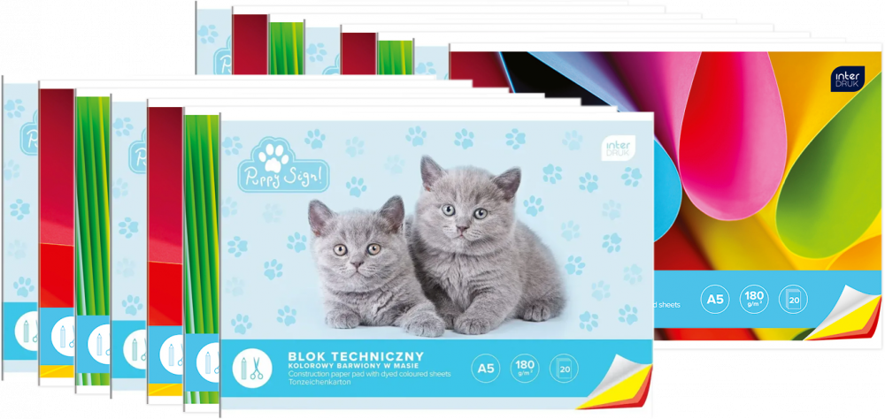 15x Blok techniczny kolorowy Interdruk, A5, 20 kartek, mix kolorów