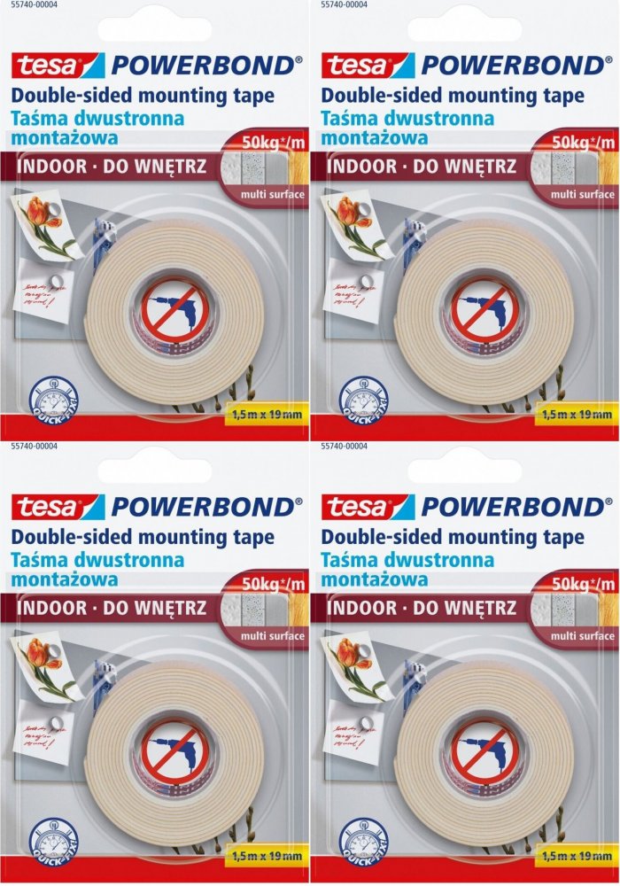 4x Taśma montażowa dwustronna Tesa Powerbond Indoor, 19mm x 1.5m, transparentny