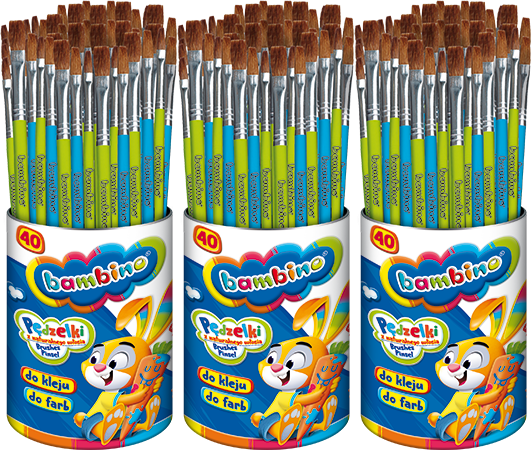 3x Pędzelki do farb i kleju Bambino Zwierzaki Uczniaki, w metalowym kubku, 40 sztuk, mix rozmiarów