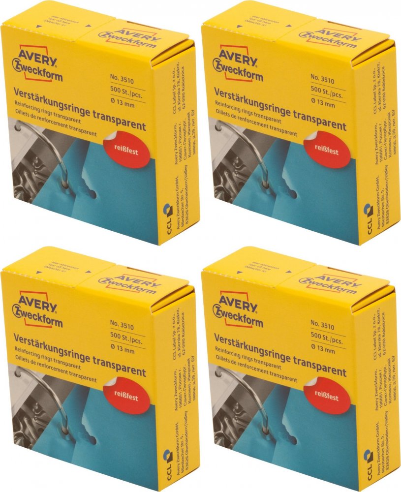 4x Pierścienie wzmacniające Avery Zweckform, 13mm, 500 sztuk, przezroczysty
