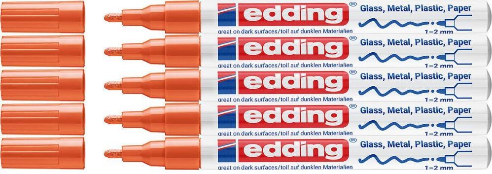 5x Marker olejowy edding 751, w aluminiowej obudowie, okrągła, 1-2mm, pomarańczowy