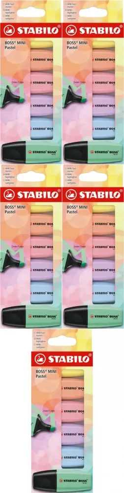 5x Zakreślacze Stabilo Boss Mini Pastel, ścięta, 6 sztuk, mix kolorów pastelowych