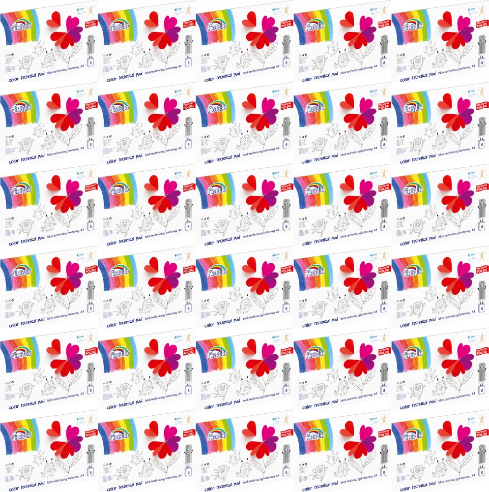 60x Blok techniczny kolorowy Fiorello, A4, 8 kartek, mix wzorów