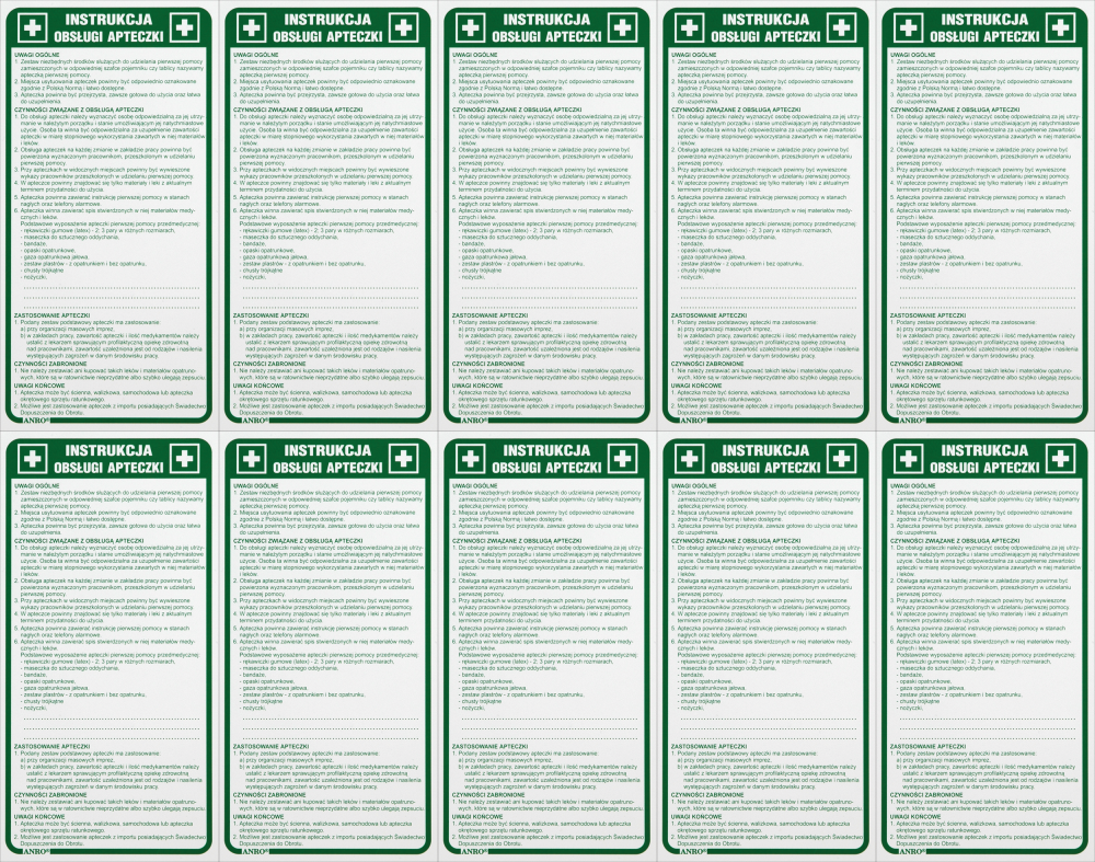 10x Tabliczka informacyjna Anro, „Instrukcja obsługi apteczki"