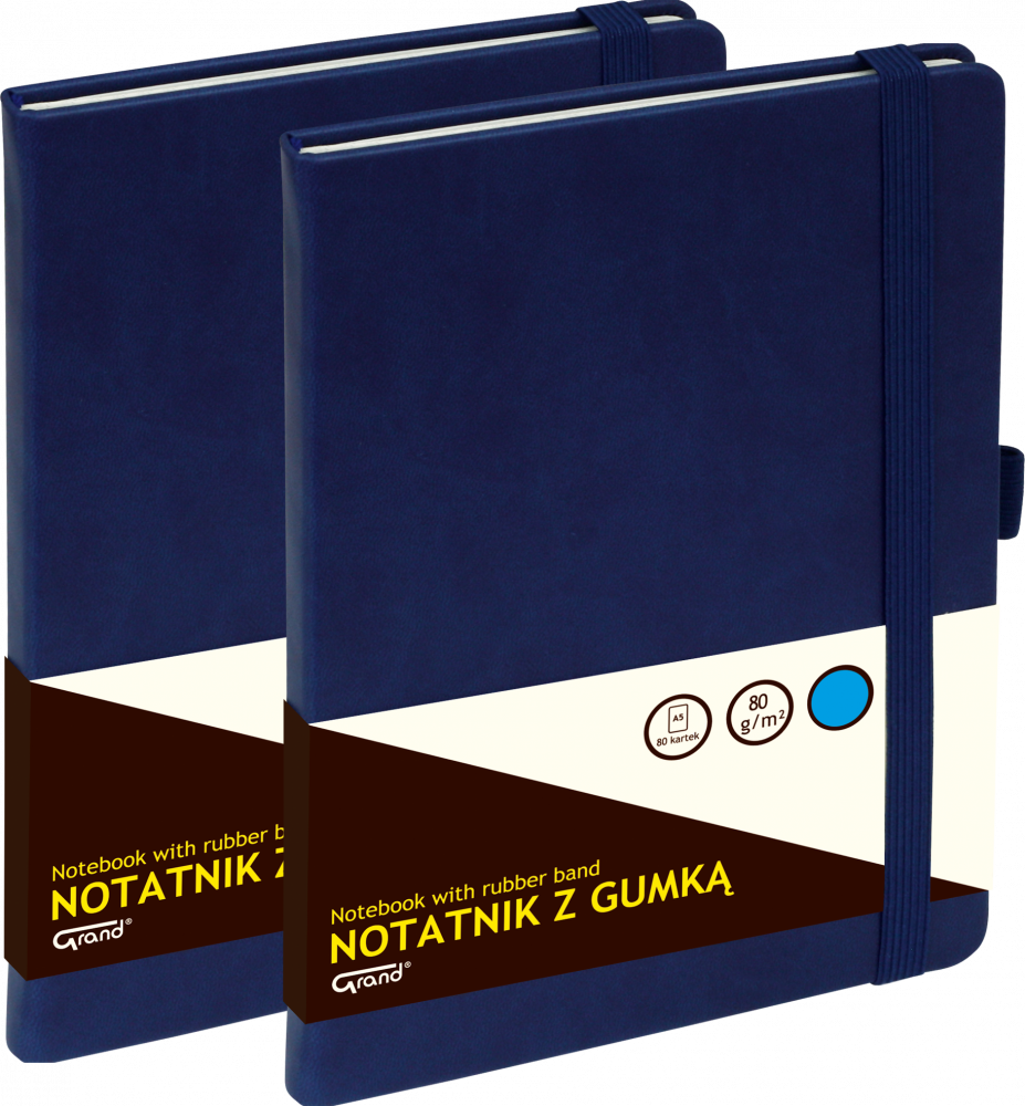 2x Notatnik w kratkę Grand, z gumką, A5, twarda oprawa, 80 kartek, granatowy